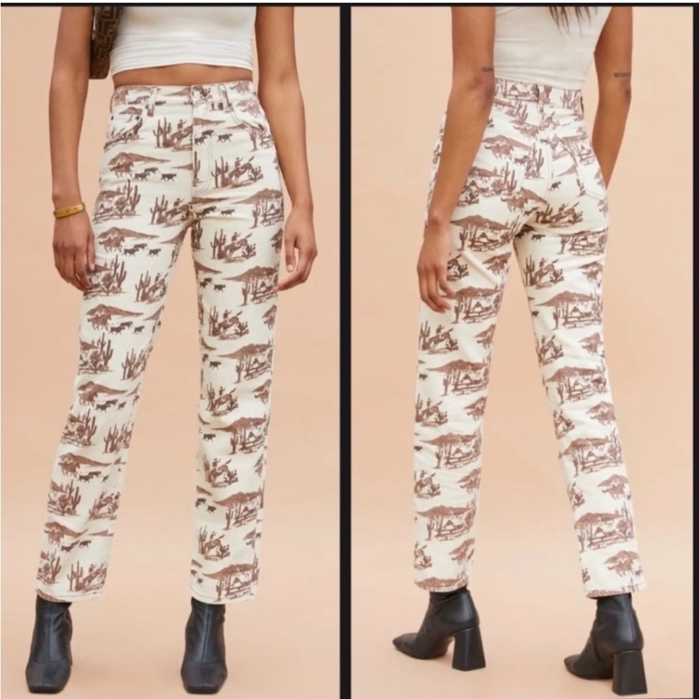 Reformation Cream and Brown Graphic Pants